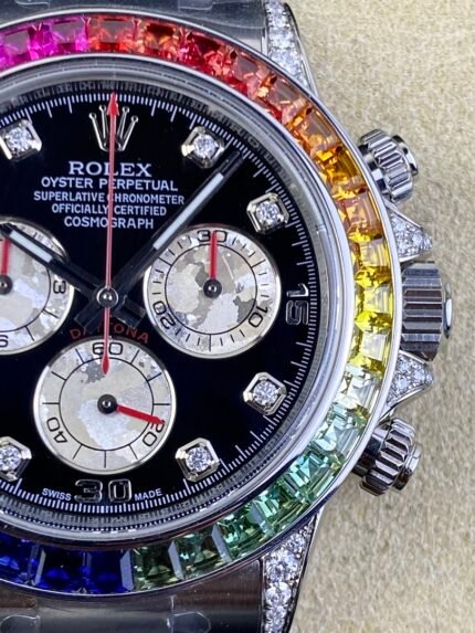 New Rolex Rainbow Daytona, Daytona 4130 movement, 904 steel, sapphire and colored gemstone bezel